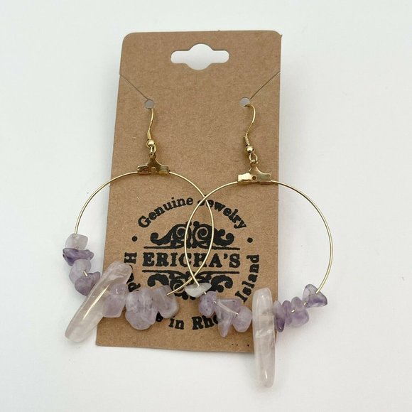 Handmade Jewelry - Rock Crystal Gypsy Boho Wire Hoop Earrings Gold